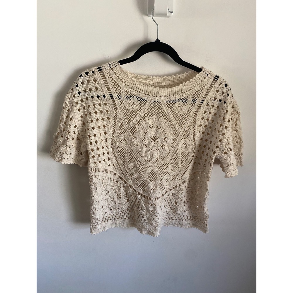 Elie Tahari Ivory Cotton Crochet Knit Short Sleeve Top Floral Medallion Small